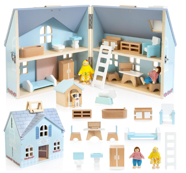 Foldable Wooden Dollhouse with 2 Dolls & Pet Set
