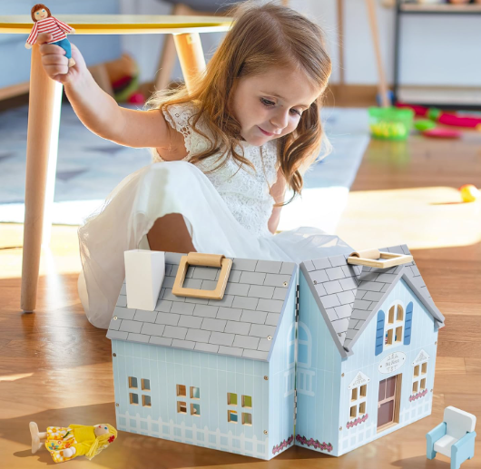 Foldable Wooden Dollhouse with 2 Dolls & Pet Set