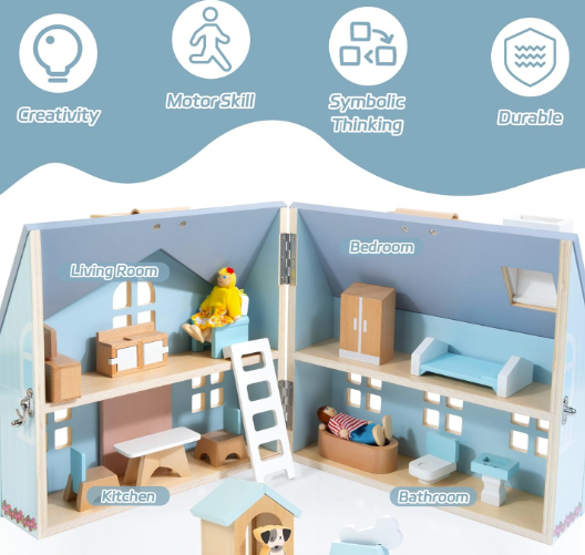 Foldable Wooden Dollhouse with 2 Dolls & Pet Set